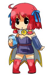 1girl :o ahoge alchemist_(ragnarok_online) black_eyes blue_bow blue_sleeves boots bottle bow brown_cape cape chibi chibi_only commentary_request detached_sleeves dress full_body hair_bow holding holding_bottle looking_at_viewer lowres open_mouth purple_dress ragnarok_online red_boots red_hair short_dress short_hair simple_background solo sora-mame strapless strapless_dress white_background white_cape