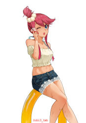 Rule 34 | 1girl, ;o, absurdres, bare shoulders, blue eyes, collarbone, commentary, cup, disposable cup, drinking straw, hair ornament, hand up, highres, holding, holding cup, navel, nintendo, obi3, off-shoulder shirt, off shoulder, one eye closed, one side up, pokemon, pokemon masters ex, shirt, short shorts, shorts, sidelocks, sitting, skyla (pokemon), skyla (summer 2025) (pokemon), solo, sweat, twitter username, watermark