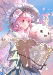 1girl absurdres ahoge animal bare_arms bare_shoulders bead_necklace beads bicycle bicycle_basket brown_eyes brown_hat cat cherry_blossoms chinese_commentary cloak clothed_animal collarbone commentary_request cowboy_shot daisy_(flower) day dress ear_covers earrings eyelashes flower flower_earrings frilled_dress frilled_headwear frills green_dress hair_flower hair_ornament hat highres hood hood_up hooded_cloak infinity_nikki jewelry lace-trimmed_headwear lace_trim light_blush light_particles long_hair looking_ahead momo_(nikki) necklace nikki_(nikki) nikki_(series) open_mouth outdoors partial_commentary petals pink_cloak pink_eyes pink_flower pink_hair pink_rose procreate_(medium) riding riding_bicycle rose sleeveless sleeveless_dress smile songli_naiwei sparkle spring_(season) straw_hat sun_hat teeth tree upper_teeth_only verdant_melodies_(infinity_nikki) whiskers white_cat white_flower white_rose