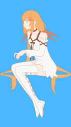 Rule 34 | 1girl, absurdres, armpit crease, bare shoulders, black bow, black choker, blue background, boots, bow, breasts, chest bow, choker, collarbone, detached sleeves, dress, green eyes, hair ornament, hair ribbon, highres, kingdom hearts, kingdom hearts x, long hair, long sleeves, looking ahead, looking at viewer, low twintails, orange hair, orange ribbon, ribbon, short dress, simple background, sitting, smile, solo, strelitzia (kingdom hearts), thigh boots, twintails, very long hair, w3n6ev, white boots, white dress, x hair ornament