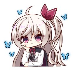 1girl ahoge akizuki_kanna aoniku_yaris black_cape black_shirt blue_butterfly blush_stickers bow bowtie bug butterfly cafe_stella_to_shinigami_no_chou cape chibi chibi_only closed_mouth collared_shirt commentary_request cropped_torso eyes_visible_through_hair hair_between_eyes hair_bow hand_on_own_cheek hand_on_own_face insect jacket long_hair long_sleeves looking_at_viewer one_side_up red_bow red_bowtie red_eyes shirt simple_background smile solo upper_body very_long_hair white_background white_hair white_jacket