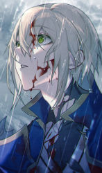 1boy absurdres blazblue blonde_hair blood blood_on_face blue_coat coat green_eyes highres kisaragi_jin rain set_xshiver tears torn_clothes