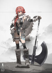 1girl asymmetrical_clothes axe bandages barbarian blue_eyes bodypaint braid breasts elbow_gloves falslander fingerless_gloves full_body fur_collar fur_trim gloves hand_on_hilt hand_on_own_hip highres long_hair medium_breasts neco original planted planted_axe red_hair sheath sheathed sideboob single_fingerless_glove solo standing sword toned toned_female weapon