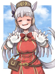 1girl :d animal_ears bare_shoulders black_bow blue_sky bow breasts brown_hat cloud commentary_request dress ear_bow ear_covers gloves gold_ship_(umamusume) grey_hair half-closed_eyes hat highres horse_ears horse_girl horse_tail large_breasts long_hair looking_at_viewer mini_hat open_mouth rakugakiraid red_bow red_dress red_eyes sky sleeveless sleeveless_dress smile solo tail umamusume very_long_hair white_gloves
