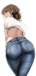 1girl absurdres artist_request ass brave_new_world_(webtoon) brown_hair denim highres jeans looking_at_viewer looking_back pants smile tagme