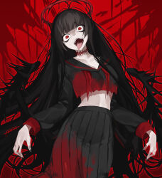 Rule 34 | 1girl, 4 ge, absurdres, black hair, black nails, black serafuku, black skirt, black wings, blood, blood halo, blood on clothes, blue archive, breasts, cleavage, commentary request, crop top, halo, highres, large breasts, liquid halo, long hair, long sleeves, low wings, open mouth, pale skin, pleated skirt, red background, red eyes, school uniform, serafuku, skirt, solo, tongue, tongue out, tsurugi (blue archive), very long hair, wings