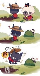 !? 1boy 1other 2koma ? angry animal_ears baal_(cult_of_the_lamb) bug butterfly cat cat_ears cat_tail comic cult_of_the_lamb grass hat highres horns insect joke jumping migishita pickle red_crown_(cult_of_the_lamb) sheep sheep_ears sheep_horns sheep_tail sprout sun_hat tail the_lamb_(cult_of_the_lamb) the_one_who_waits_(cult_of_the_lamb)
