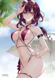 1girl absurdres adjusting_eyewear alternate_costume arm_strap bare_shoulders beach beach_umbrella bikini bikini_top_only bracelet breasts chark14 cleavage collarbone commentary earrings english_commentary eyewear_on_head fanbox_username finger_on_eyewear from_side groin highres honkai:_star_rail honkai_(series) jewelry kafka_(honkai:_star_rail) large_breasts long_hair mixed-language_commentary navel outdoors paid_reward_available pixiv_username purple_bikini purple_eyes purple_hair round_eyewear sideboob skindentation sling_bikini_top solo stomach string_pull sunglasses swimsuit thigh_strap umbrella v white_umbrella