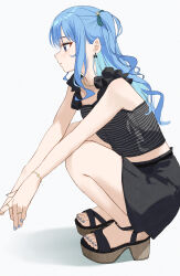 Rule 34 | 1girl, absurdres, alternate costume, asymmetrical sidelocks, bare legs, belt, black belt, black camisole, black shorts, blue eyes, blue hair, blue nails, bow, bow earrings, camisole, closed mouth, colored inner hair, commentary request, double-parted bangs, earrings, feet, from side, full body, hair between eyes, hair ribbon, highres, hololive, hoshimachi suisei, jewelry, legs, long hair, midriff, multicolored hair, nail polish, necklace, official alternate hair length, official alternate hairstyle, one side up, platform sandals, ribbon, sandals, shorts, sidelocks, simple background, solo, squatting, star (symbol), star in eye, striped camisole, symbol in eye, tagosaku (tatsukiuma0329), toenail polish, toenails, toes, virtual youtuber