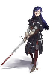 1girl 2020 black_capelet blood blood_on_face bloody_weapon blue_hair brown_eyes capelet closed_mouth female_knight frown full_body gloves grey_gloves hair_between_eyes highres holding holding_sword holding_weapon idolmaster idolmaster_(classic) kisaragi_chihaya knight long_hair pantyhose pirata_(gailtonatiu) red_pantyhose signature simple_background solo straight_hair sword templar very_long_hair weapon white_background