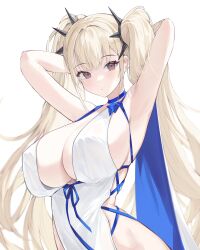 1girl absurdres armpits arms_behind_head arms_up azur_lane bare_shoulders blonde_hair blue_ribbon blush breasts cleavage dress formidable_(anniversary_memories)_(azur_lane) formidable_(azur_lane) grey_eyes gurami_(zangizarang) highres large_breasts long_hair looking_at_viewer official_alternate_costume parted_lips ribbon sideboob sidelocks simple_background solo standing twintails two-sided_fabric upper_body very_long_hair white_background white_dress