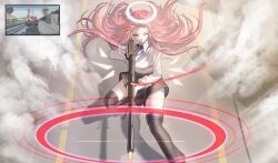 1girl arknights black_necktie black_skirt black_thighhighs collared_shirt commentary detached_wings energy_wings english_commentary floating_hair from_above gun halo highres holding holding_gun holding_weapon lemuen_(arknights) long_hair long_sleeves necktie one_eye_closed pink_eyes pink_hair rifle shale shirt skirt sniper_rifle solo thighhighs traditional_halo weapon white_halo white_shirt white_wings wings