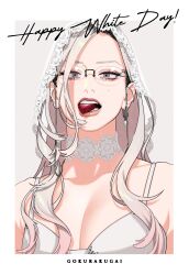 absurdres black_hair border bra breasts candy chocolate chocolate_heart cleavage collar copyright_name earrings eyewear_strap food glass gokurakugai green_eyes grey_background grey_hair happy_white_day heart heart-shaped_food highres jewelry lips long_hair mature_female medium_breasts mole mouth_hold multicolored_hair official_art roots_(hair) round_eyewear sano_yuuto single_earring tao_(gokurakugai) two-tone_hair underwear upper_body veil white_border white_bra white_collar white_veil