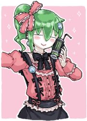 1girl alternate_costume bicycles_only_sign black_bow black_bowtie black_skirt blush bow bowtie buttons can closed_eyes closed_mouth colored_skin cookie_(touhou) daiyousei diyusi_(cookie) drink_can frilled_bow frills green_hair hair_bow high_side_ponytail jirai_kei juliet_sleeves long_sleeves lowres man_(man-room) monster_energy pink_bow pink_shirt puffy_sleeves shirt short_hair skirt smile soda_can solo suspender_skirt suspenders touhou upper_body white_skin