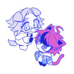 Rule 34 | 2boys, ahoge, animal ears, aotsuki eito, black gloves, black hair, blue eyes, blush, cat boy, cat ears, cat tail, chibi, chibi only, closed mouth, dog boy, dog ears, dog tail, frown, full body, glasses, gloves, looking at viewer, messy hair, multicolored eyes, multicolored hair, multiple boys, red eyes, red hair, smile, sumino takumi, tail, the hundred line -last defense academy-, white background