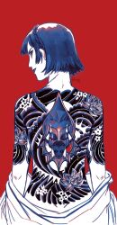1girl 2019 artist_name back_tattoo bare_shoulders black_lips braid brown_hair commentary cropped_legs english_commentary flower from_behind highres joanna_(persona_5) looking_at_viewer looking_back lotus medium_hair nfoliage niijima_makoto persona persona_5 shirt_down signature solo tattoo yakuza