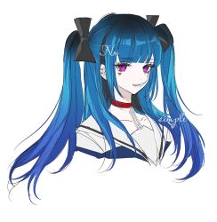 1girl amemiya_darumi black_bow black_hair blue_hair bow collar ear_piercing face_piercing heart lip_piercing looking_at_viewer multicolored_hair piercing pink_eyes red_collar safety_pin shirt striped_clothes striped_shirt teeth the_hundred_line_-last_defense_academy- twintails upper_body upper_teeth_only white_background
