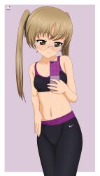 1girl absurdres acrux black_pants blush breasts brown_eyes cellphone closed_mouth collarbone girls_und_panzer glasses highres iphone long_hair midriff navel oono_aya pants phone purple_background simple_background small_breasts smartphone smile solo twintails