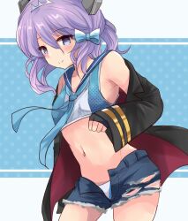 1girl bikini bikini_under_shorts black_jacket blue_bikini blue_eyes blue_neckerchief blue_sailor_collar breasts cowboy_shot cutoffs denim denim_shorts hair_between_eyes headgear highres hirune_(konekonelkk) jacket kantai_collection langley_(kancolle) langley_(swimsuit)_(kancolle) looking_at_viewer medium_breasts micro_shorts navel neckerchief open_clothes open_fly open_jacket open_shorts purple_hair sailor_bikini sailor_collar shorts small_breasts smile solo swimsuit tiara torn_clothes torn_shorts