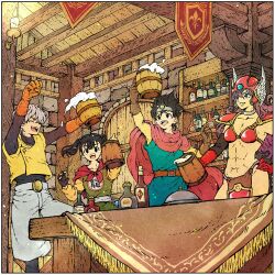 2boys 2girls abs alcohol armor bar_(place) beer beer_mug bikini_armor black_gloves black_hair black_shirt blue_eyes blue_tunic bottle breasts brick_wall brown_gloves circlet cleavage clenched_hand cloak closed_eyes commentary_request cup dragon_quest dragon_quest_iii elbow_gloves fingerless_gloves gem gloves green_gemstone green_tunic grey_hair grey_shorts hair_between_eyes hair_bobbles hair_ornament hand_on_own_hip helmet highres holding holding_cup indoors martial_artist_(dq3) medium_breasts midriff mug multiple_boys multiple_girls navel neckerchief open_mouth orange_gloves outstretched_arms parted_lips pelvic_curtain purple_cloak purple_hair red_gloves red_helmet red_neckerchief roto_(dq3) shirt short_hair shorts shoulder_armor silver_choker smile tavern thief_(dq3) toriga tunic twintails upper_body vest warrior_(dq3) winged_helmet yellow_gemstone yellow_shirt yellow_vest