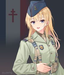 Rule 34 | 1girl, absurdres, ammunition pouch, artist name, belt, blonde hair, blue eyes, blue hat, brown belt, brown necktie, collared shirt, commentary, flag background, free french flag, french army, french flag, garrison cap, green jacket, green shirt, hat, highres, jacket, leochan1202, long hair, long sleeves, looking at viewer, military, military uniform, necktie, open mouth, original, pouch, shirt, smile, solo, suspenders, upper body, world war ii