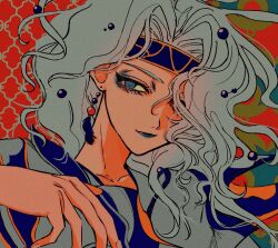 1boy androgynous aqua_lips armor blue_eyes blue_headband cecil_harvey curly_hair earrings eyelashes film_grain final_fantasy final_fantasy_iv floating_hair hair_over_one_eye headband highres jewelry long_hair male_focus nayo_(kr_000515) portrait smile solo tassel tassel_earrings white_hair