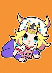 1boy 1other absurdres beanie blonde_hair blue_eyes chibi chibi_only closed_mouth colored_skin commentary hat head_rest highres hood hood_down hoodie horseshoe horseshoe_hat_ornament johnny_joestar jojo_no_kimyou_na_bouken looking_at_viewer lying m_a_a_m_8 male_focus medium_hair on_side orange_background outline pants pink_skin purple_pants red_sleeves short_sleeves stand_(jojo) star_(symbol) star_print steel_ball_run symbol-only_commentary tusk_(stand) tusk_act1 two-tone_sleeves white_hat white_hoodie white_sleeves wristband