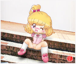 1girl arm_support asahina_mirai blonde_hair blush bottomless bow flat_chest footwear_bow hair_bow kneehighs loli looking_at_viewer mahou_girls_precure! misukomu_plus neck_ribbon one_eye_closed open_mouth pink_bow pink_ribbon pink_shirt pink_shoes ponytail precure puffy_sleeves purple_eyes pussy ribbon shirt shoes short_hair short_sleeves side_ponytail sitting smile socks spread_legs stairs white_socks wink