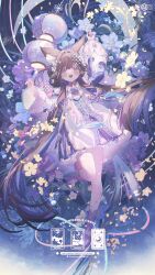 Rule 34 | 1girl, 2023, :d, animal ear fluff, animal ears, artist name, blue background, blush, boots, brown hair, commentary, commission, dress, fox ears, frilled dress, frills, full body, highres, leg up, long hair, long sleeves, looking at viewer, open mouth, original, purple eyes, red boots, smile, solo, symbol-only commentary, umehara sei, watermark, white dress, wide sleeves