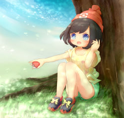 Rule 34 | 1girl, 22m, arm up, beanie, black hair, blue eyes, blue sky, cloud, collarbone, day, female focus, full body, grass, green shorts, hand up, hat, highres, holding, holding poke ball, looking at viewer, nintendo, open mouth, outdoors, outstretched arm, panties, pantyshot, poke ball, pokemon, pokemon sm, red hat, red shoes, selene (pokemon), shirt, shoes, short hair, short shorts, short sleeves, shorts, sitting, sky, smile, solo, tree, underwear, upshorts, white panties, yellow shirt