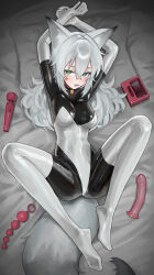 1girl absurdres anal_beads animal_ear_fluff animal_ears blue_eyes bodysuit breasts collar commentary dildo elbow_gloves english_commentary fox_ears fox_girl fox_tail gloves green_eyes heterochromia highres hitachi_magic_wand impossible_bodysuit impossible_clothes large_variant_set latex latex_bodysuit leotard lock lockbox long_hair looking_at_viewer medium_breasts open_mouth original restrained saaal653 sex_toy skin_tight spread_legs tail thighhighs variant_set very_long_hair vibrator white_gloves white_thighhighs