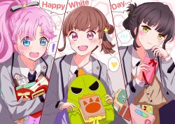 Rule 34 | !, 3girls, absurdres, anyoji hime, bag, birdcage (love live!), black necktie, black ribbon, blazer, blue eyes, blunt bangs, blush, brown cardigan, brown hair, capelet, cardigan, closed mouth, collared shirt, commentary request, dress shirt, embarrassed, folded ponytail, frown, gift, gonzales (love live!), green eyes, grey jacket, grey ribbon, hair bun, hair ornament, hair ribbon, hanamusubi (love live!), happy white day, heart, highres, holding, holding gift, holding stuffed toy, jacket, josho kiryu (love live!), kachimachi kosuzu, link! like! love live!, long hair, long sleeves, love live!, momose ginko, multiple girls, necktie, official alternate costume, open clothes, open jacket, pink cardigan, pink eyes, pink hair, ponytail, purple capelet, purple cardigan, ribbon, shiro nishiki, shirt, short hair, sidelocks, single side bun, speech bubble, spoken blush, spoken exclamation mark, spoken heart, star (symbol), star hair ornament, stuffed animal, stuffed dinosaur, stuffed toy, translation request, v-shaped eyebrows, virtual youtuber, white day, white shirt