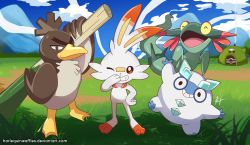 Rule 34 | :d, ;), ^ ^, absurdres, bird, blue sky, closed eyes, cloud, cloudy sky, commentary, creature, deviantart username, dreepy, duck, english commentary, floating, food, full body, galarian darumaka, galarian farfetch&#039;d, galarian form, gen 8 pokemon, grass, grin, hand on own hip, harlequinwaffles, highres, holding, holding food, holding spring onion, holding vegetable, looking at viewer, mountain, nature, nintendo, no humans, one eye closed, open mouth, outdoors, pokemon, pokemon (creature), pokemon focus, rabbit, scorbunny, signature, sky, smile, smirk, smoke, smug, spring onion, standing, standing on one leg, tent, vegetable, watermark, web address, |d