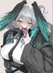 1girl arknights banbutsu_happiness cunnilingus_gesture doctor_(arknights) ho&#039;olheyak_(arknights) long_tongue tagme tongue v
