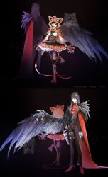 1boy 1girl animal_feet animal_hands animal_hood asymmetrical_legwear bangle black_background black_feathers black_hair black_jacket black_pants black_skirt bracelet breasts brown_corset brown_eyes brown_footwear cape capelet cat claws closed_mouth corset cosplay feather_trim feathers final_fantasy final_fantasy_vii final_fantasy_vii_ever_crisis flame-tipped_tail frilled_shirt_collar frills full_body hair_between_eyes highres holster hood hood_up jacket jewelry lily_(shio1006) long_hair medium_breasts official_alternate_costume open_mouth orange_capelet orange_skirt pants red_cape red_eyes red_shirt red_xiii red_xiii_(cosplay) shirt short_hair single_wing skirt smile suit_jacket thigh_holster two-tone_skirt underbust vincent_valentine vincent_valentine_(crowmaster_suit) white_shirt wings yuffie_kisaragi yuffie_kisaragi_(nanaki_mantle)