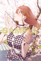 1girl black_choker blush breasts brown_eyes brown_hair cherry_blossoms choker commentary_request floating_hair hands_up kohinata_iroha_(imouuzai) large_breasts looking_to_the_side medium_hair novel_illustration official_art outdoors profile sample_watermark see-through_clothes see-through_sleeves shirt short_sleeves smile solo tomari_(veryberry00) tomodachi_no_imouto_ga_ore_ni_dake_uzai watermark white_shirt