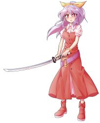 1girl alphes_(style) belt blush boots bracelet breasts buttons collared_shirt commentary_request dairi dress dress_shirt full_body hair_ribbon high_ponytail highres holding holding_sword holding_weapon jewelry katana large_variant_set legs_apart long_hair looking_at_viewer o-ring open_mouth parody platform_boots ponytail puffy_short_sleeves puffy_sleeves purple_belt purple_hair red_boots red_dress red_eyes ribbon shirt short_sleeves small_breasts solo standing style_parody sword tachi-e tearing_up touhou transparent_background undershirt variant_set watatsuki_no_yorihime weapon white_shirt yellow_ribbon