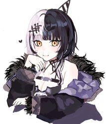 1girl black_choker black_coat black_dress black_hair black_nails breasts choker cleavage closed_mouth coat commentary dress english_commentary fur-trimmed_coat fur_trim grey_hair hat heart highres hololive hololive_english long_hair looking_at_viewer mapumapu medium_breasts multicolored_hair nail_polish party_hat purple_coat ribbon shiori_novella shiori_novella_(1st_costume) smile solo split-color_hair two-sided_coat two-sided_fabric two-tone_hair virtual_youtuber white_ribbon yellow_eyes