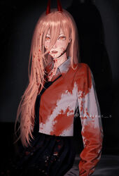 1girl black_necktie black_skirt blood blood_in_hair blood_on_clothes blood_on_face blood_on_neck brown_hair chainsaw_man commentary cross-shaped_pupils hair_between_eyes highres horns instagram_username long_hair monhshur_r necktie orange_eyes parted_lips pleated_skirt power_(chainsaw_man) red_horns red_lips shirt skirt sleeves_past_fingers sleeves_past_wrists solo symbol-shaped_pupils upper_body white_shirt