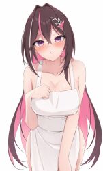 1girl apron azki_(hololive) blush breasts brown_hair choumei_(qca012005) hand_on_own_chest highres hololive large_breasts leaning_forward naked_apron pink_hair solo white_background