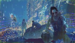 1boy beard commentary cyberpunk cyberpunk_(series) cyberpunk_2077 english_commentary facial_hair glitch highres johnny_silverhand looking_over_eyewear male_focus motor_vehicle motorcycle multiple_views mustache parted_lips sitting sunglasses tank_top yorunue_ro