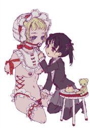 2girls age_difference amputee ball_gag bdsm bib black_hair blonde_hair bonnet breasts clothed_female_nude_female feeding female_focus food gag hantoumei_namako kneeling loli multiple_girls nipples nude onee-loli original pudding quadruple_amputee skirt spoon twintails yuri
