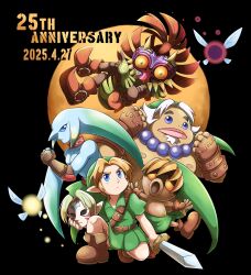 Rule 34 | anniversary, aogaeru (pixiv46613656), belt, black background, blonde hair, blue eyes, boots, crossed arms, dated, deku link, deku scrub, facial hair, facing viewer, fairy, fierce deity mask, fingerless gloves, full body, gauntlets, gloves, goatee, goron, goron link, hat, jewelry, kneeling, link, looking up, necklace, nintendo, skull kid, tael, tatl, the legend of zelda, the legend of zelda: majora&#039;s mask, tunic, white hair, zora, zora link