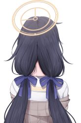 1girl absurdres black_hair black_ribbon blue_archive cardigan commentary from_behind hair_ribbon halo highres kagamocha2 long_hair low_twintails messy_hair nape off_shoulder ribbon sailor_collar shirt simple_background solo twintails ui_(blue_archive) upper_body white_background white_sailor_collar white_shirt