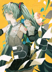 1girl 39 absurdres aqua_hair aqua_ribbon armpits black_skirt black_sleeves closed_mouth collared_shirt commentary_request detached_sleeves green_eyes hair_between_eyes hatsune_miku hatsune_miku_(nt) highres iwai_ku_tsuki long_hair looking_to_the_side miku_day neck_ribbon partial_commentary pleated_skirt ribbon shirt skirt sleeveless sleeveless_shirt smile solo twintails very_long_hair vocaloid white_shirt yellow_background