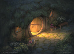 absurdres artist_name bush commentary davidfrasheski door doorway english_commentary english_text flower highres house magic:_the_gathering night no_humans outdoors pink_flower shire stone_floor the_lord_of_the_rings tolkien&#039;s_legendarium yellow_flower