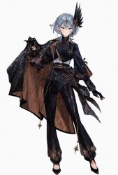 Rule 34 | 1girl, belt, black belt, black cape, black eyes, black feathers, black gloves, black pants, black shoes, blue hair, buttons, cape, cape grab, closed mouth, clothes grab, commentary, contrapposto, double-breasted, double-parted bangs, earrings, feather hair ornament, feathers, flats, full body, gloves, hair ornament, hand up, head chain, high-waist pants, highres, hololive, hoshimachi suisei, hoshimachi suisei (spectra of nova), jewelry, kyrl, long sleeves, medium hair, pants, puffy long sleeves, puffy sleeves, shirt tucked in, shoes, simple background, solo, standing, star (symbol), stud earrings, symbol-only commentary, turtleneck, two-sided cape, two-sided fabric, virtual youtuber, white background, wolf cut