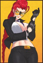 1girl absurdres between_breasts breasts capcom cleavage crimson_viper ear_piercing female_focus gloves green_eyes highres jeff_miga large_breasts long_hair looking_at_viewer midriff navel necktie piercing red_hair simple_background solo street_fighter street_fighter_iv_(series) sunglasses very_long_hair