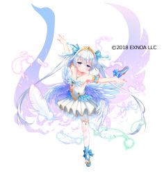 1girl arm_up ballerina bare_shoulders bird blue_bow blue_shoes blush bow character_request closed_mouth commentary_request dress feathered_wings feathers gemini_seed hair_between_eyes hair_bow jewelry long_hair outstretched_arm pantyhose pendant pleated_dress shoe_soles shoes silver_hair solo standing standing_on_one_leg strapless strapless_dress swan tiara twintails usashiro_mani very_long_hair white_background white_dress white_feathers white_pantyhose white_wings wings