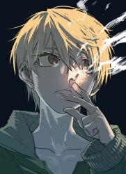 1boy androgynous bishounen blonde_hair cigarette eyeliner green_jacket high_school_boy highres hong_iltak jacket looking_up makeup male_focus own_hands_together parkgee portrait red_eyeliner red_eyes sanpaku short_hair smoking solo